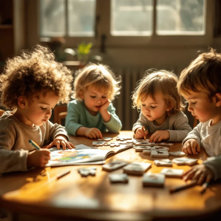 Ausmalbilder, Lernposter, Kidsworld Vier Kinder sitzen an einem Tisch und spielen mit Spielzeug und Malutensilien.