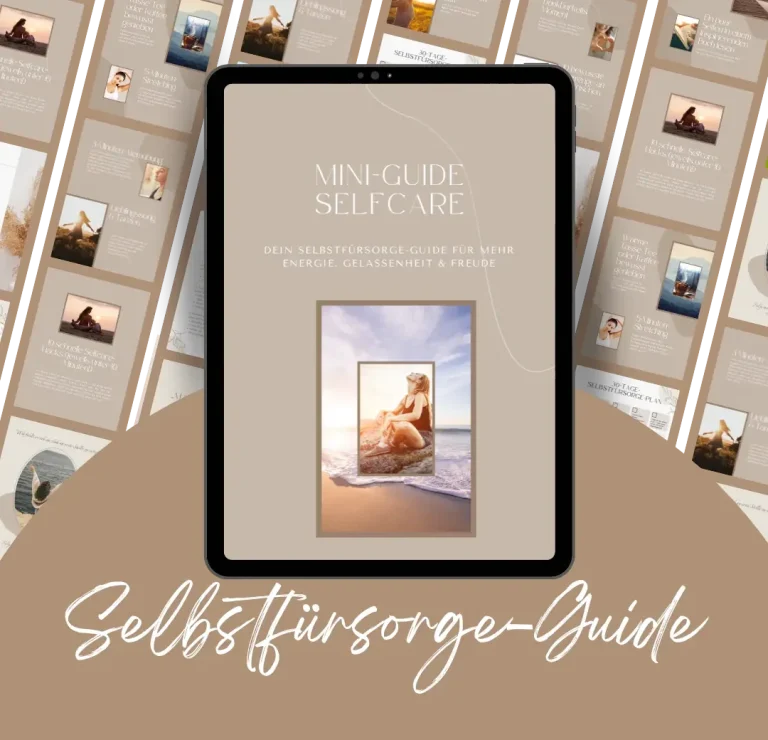 Mini-Selbstfürsorge-Guide Tablet mit einem selbstfürsorglichen Guide auf einem neutralen Hintergrund.