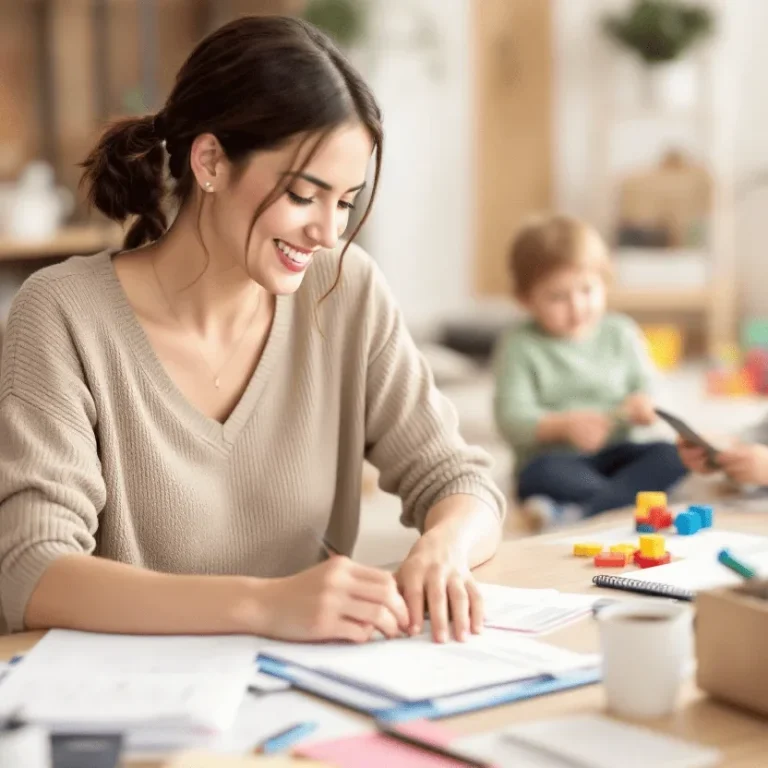 Blogartikel Alltag und Organisation Frau sitzt an einem Tisch und arbeitet, während ein Kind im Hintergrund spielt.