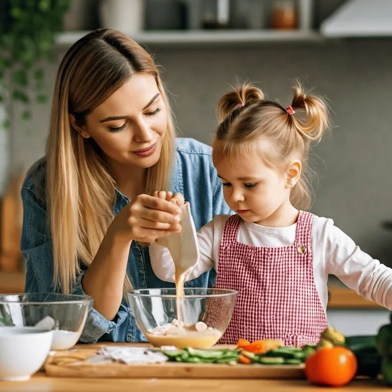Familien-Rezepte einfach und gesund Eine Mutter kocht mit ihrer Tochter und sie bereiten einen Teig in einer Schüssel vor.