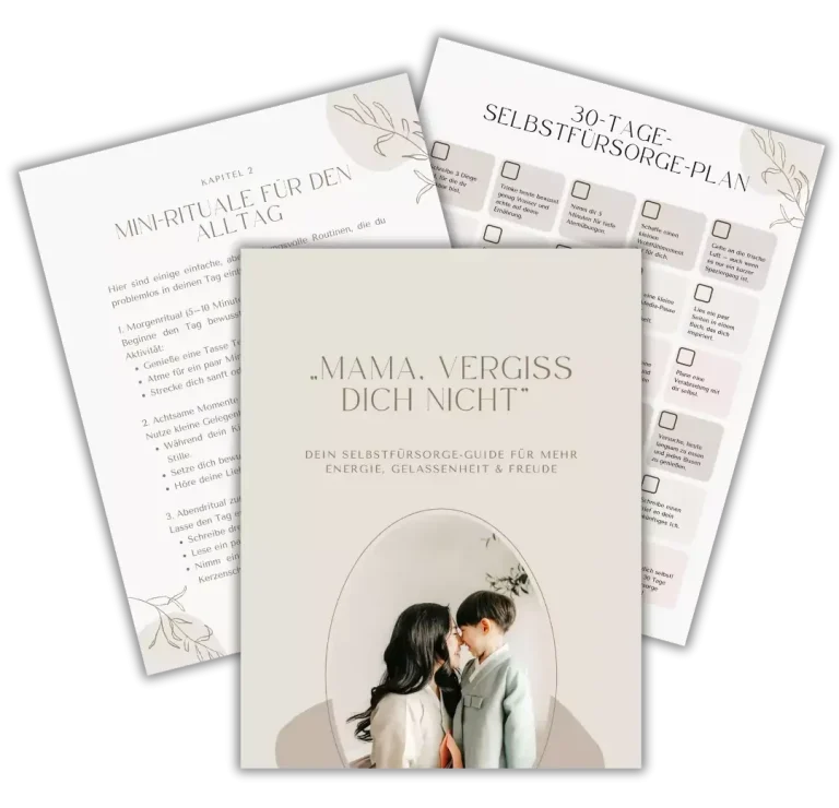 Selbstfürsorge-Guide-für-Mütter Drei Dokumente: Buchcover und zwei Informationsblätter im eleganten Design.