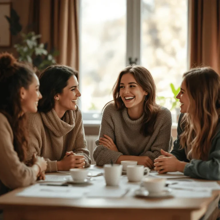 Blogartikel Mama-Alltag Vier Frauen sitzen am Tisch und lachen bei einem freundlichen Gespräch.